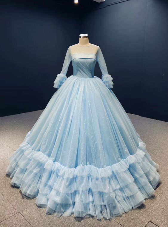 Blue Ball Gown Sequins Tulle Long Sleeve Pleats Prom Dress M3815