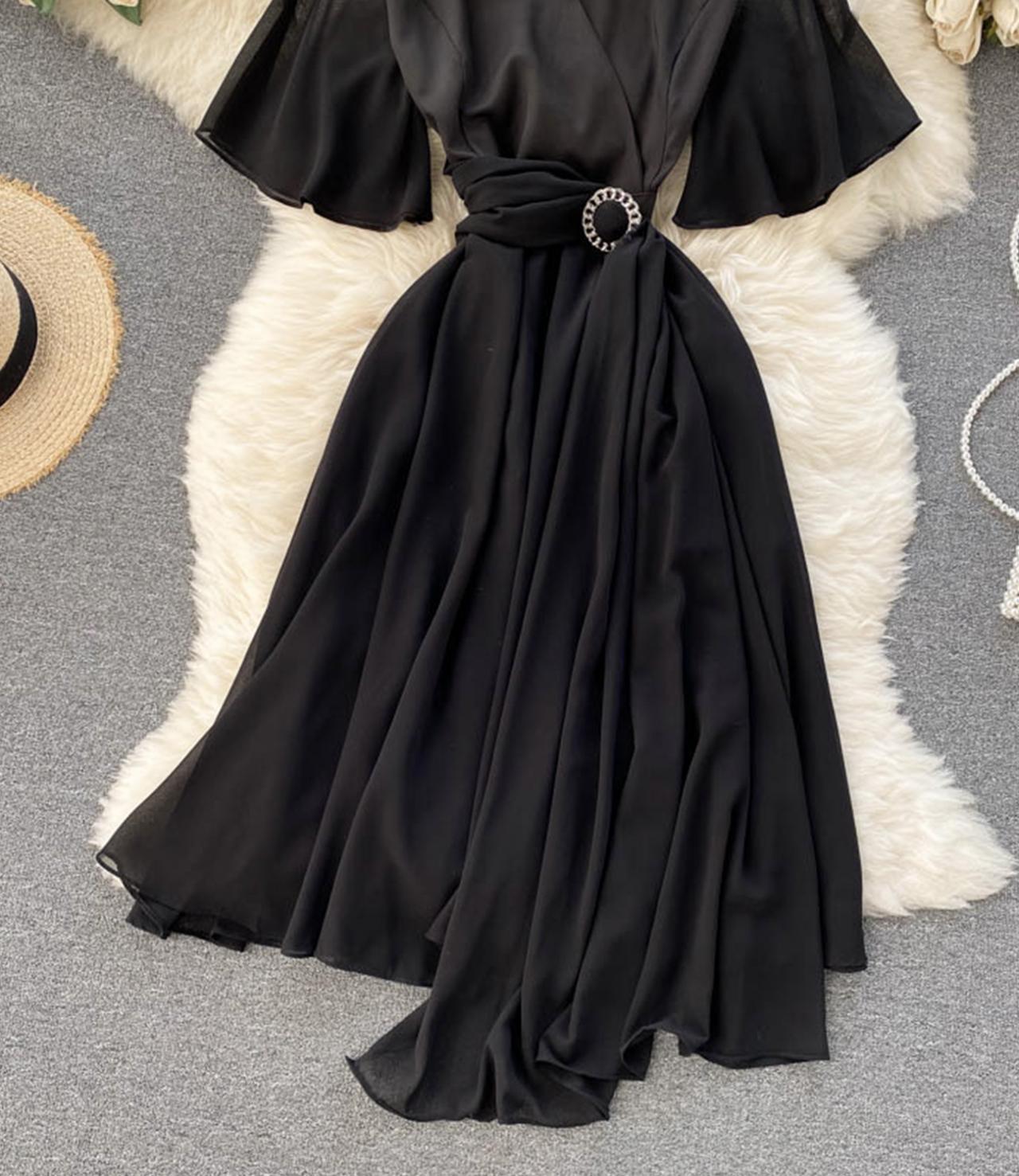 Arlyn Chiffon Deep V A Line Dress