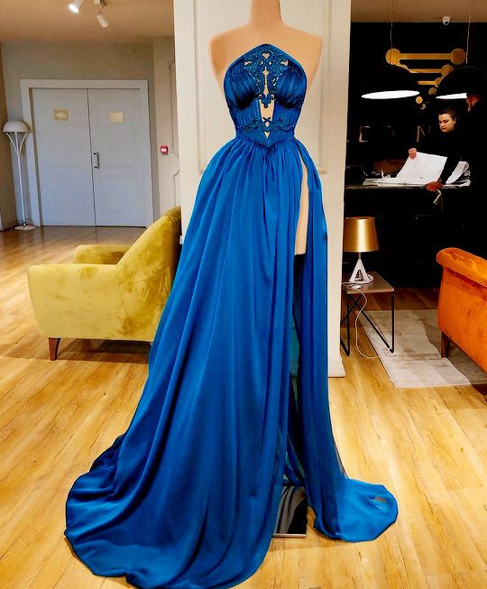One Shoulder Royal Blue Velvet Evening Dress With Slit on Luulla