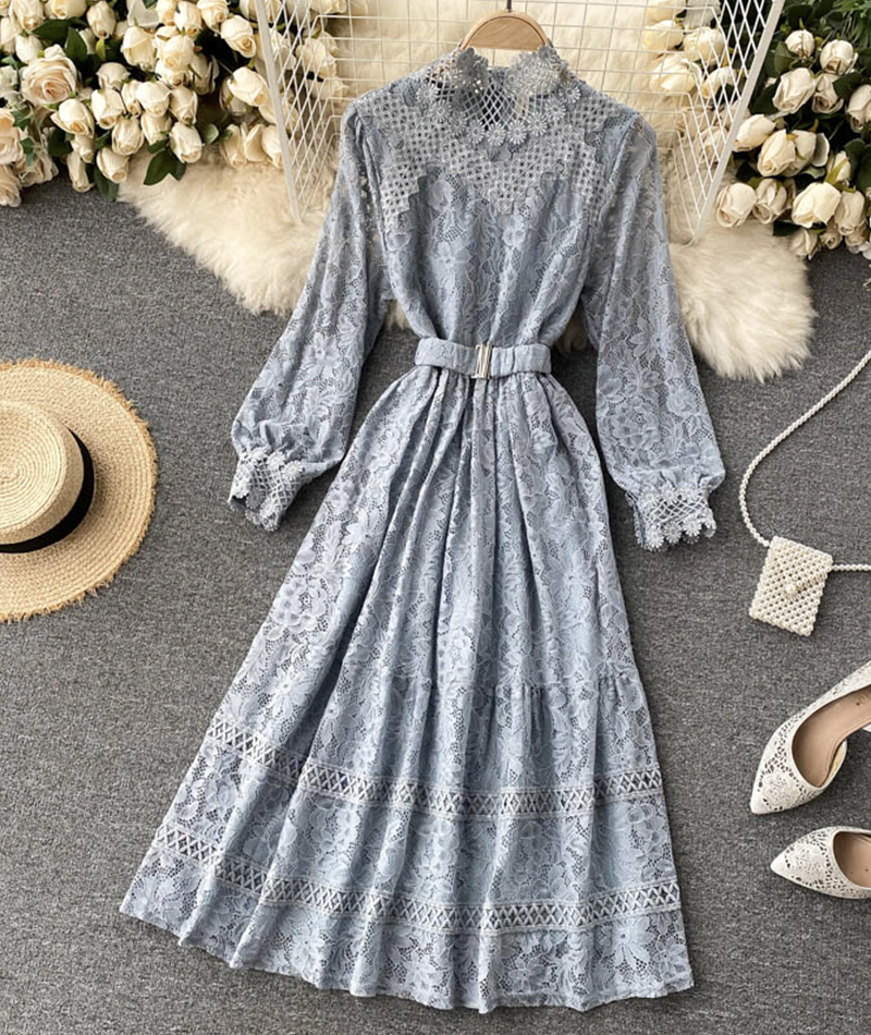 Elegant O-neck Lace Long Sleeve Dress