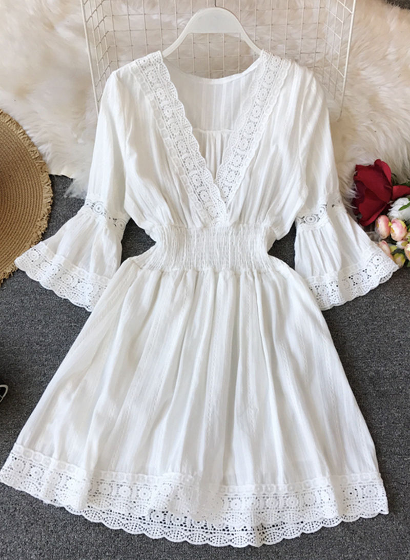 A Line White Hollow Lace Dress Summer Dress