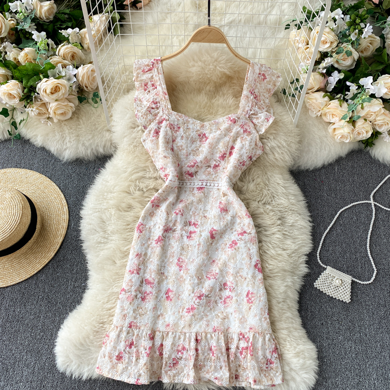Elegant Embroidery Floral Short Dress Sweet Spaghetti Straps Lace Summer Dress