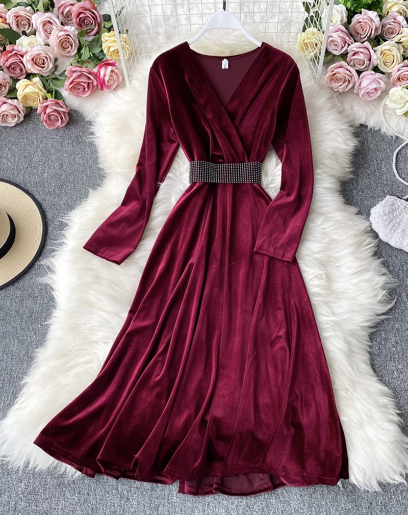 Elegant V Neck Velvet Long Sleeve Dress Women's Dress