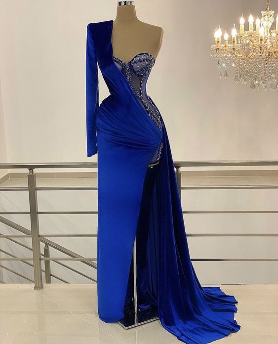 Velvet Royal Blue Hand Made Corset Long Prom Dress, Long Sleeves Formal Dress M4021