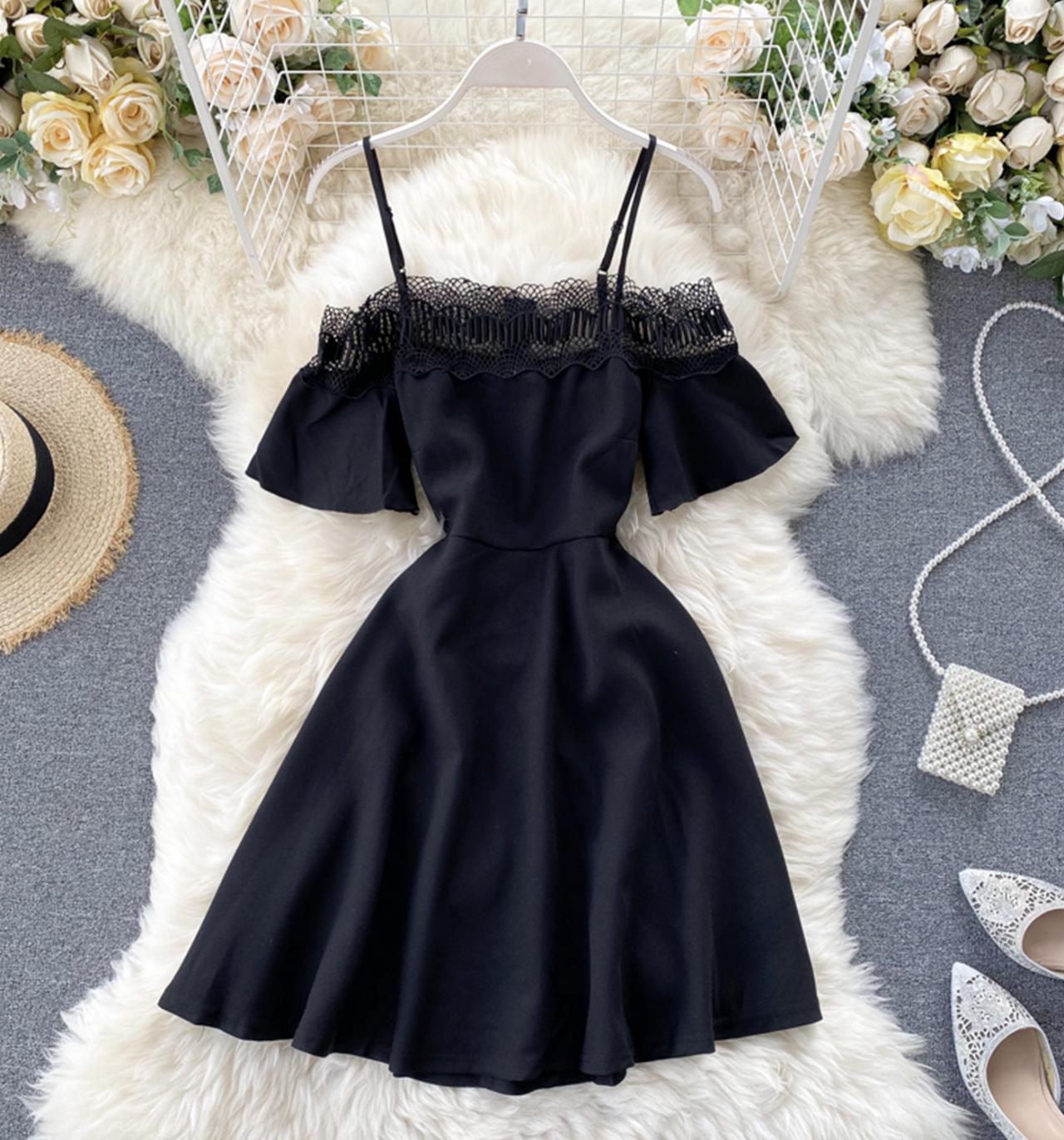 Cute Black Lace Short Dress A Line Off Shoulder Dress