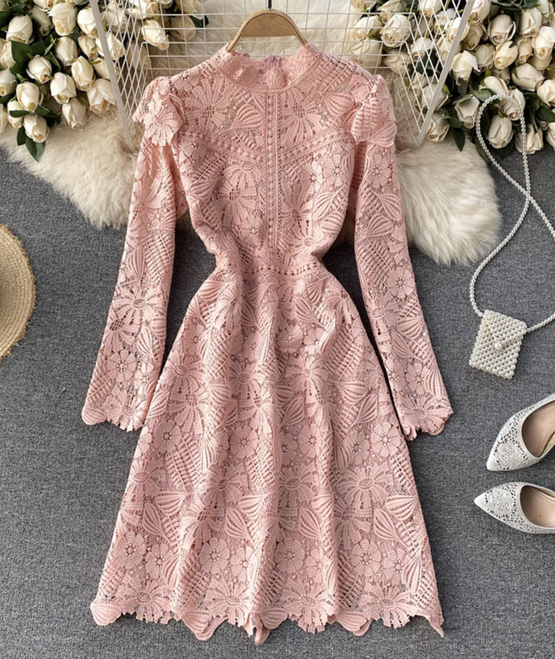 A Line Cutout Lace Dress Long Sleeve Dress