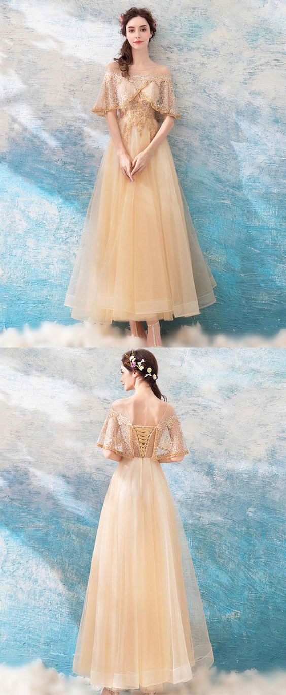 Unique Champagne Tulle Lace Tea Length Prom Dress, Champagne Tulle Evening Dress