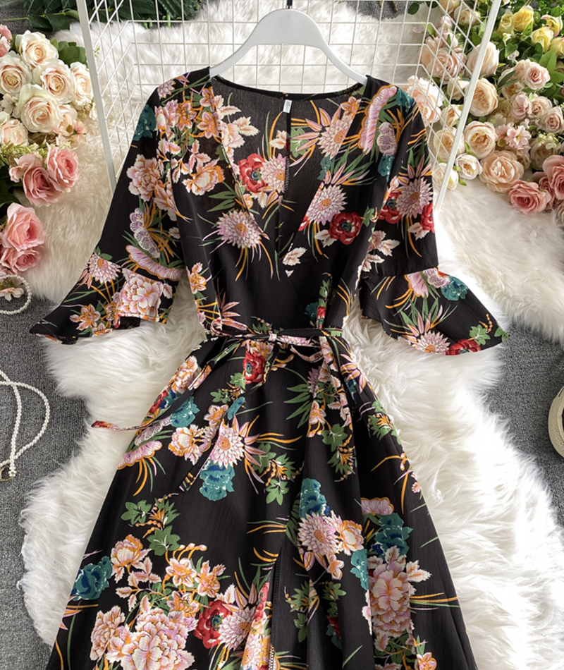 Black A Line V Neck Floral Dress on Luulla