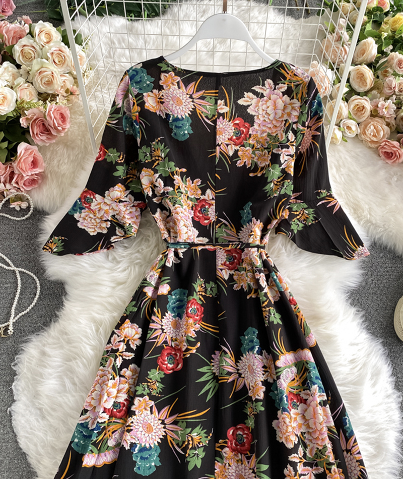 Black A Line V Neck Floral Dress on Luulla
