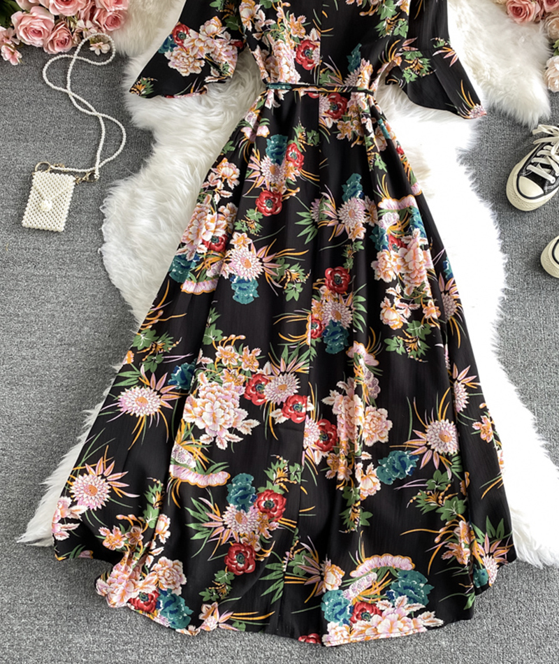 Black Floral Printed V-Neck Long Sleeves Casual Dress main image 1