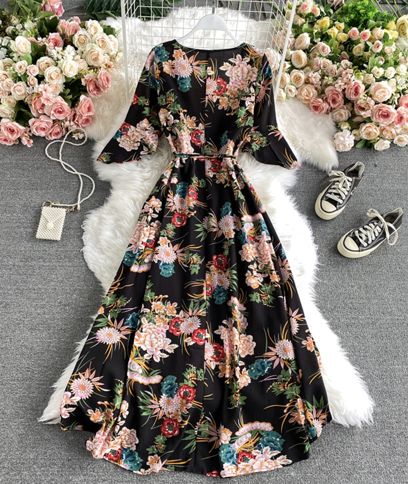 Black A Line V Neck Floral Dress on Luulla