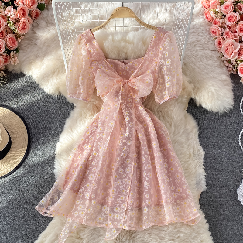 Sweet A Line Puff Sleeve Bow Summer Short Pink Lace Dress