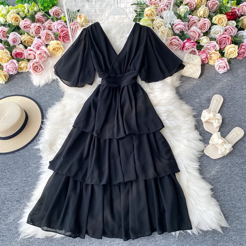Cute A line V Neckline Ruffled Grape Short Long Sleeve Women Dresses