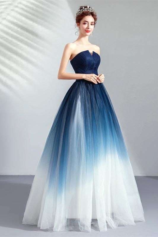 Strapless Gradiet Blue-white Prom Dresses, A-line Prom Dresses