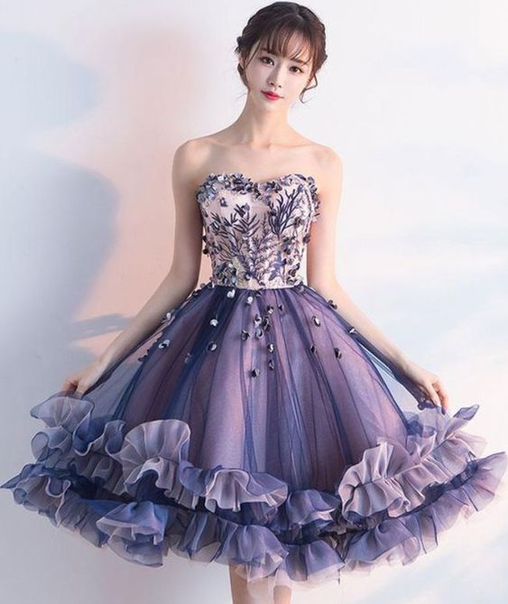 Purple Sweetheart Neck Tulle Lace Applique Short Prom Dress,custom Made,party Gown,evening Dress