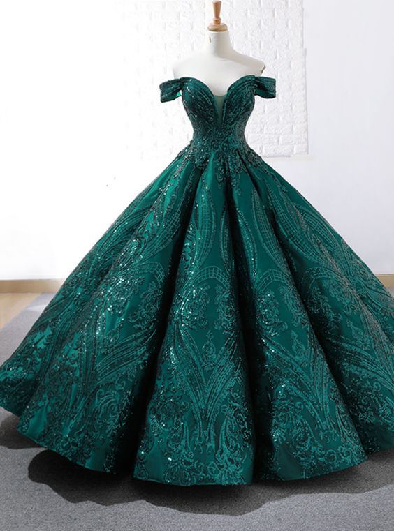 Newest Dark Green Sequins Ball Gown Off The Shoulder Prom Dress