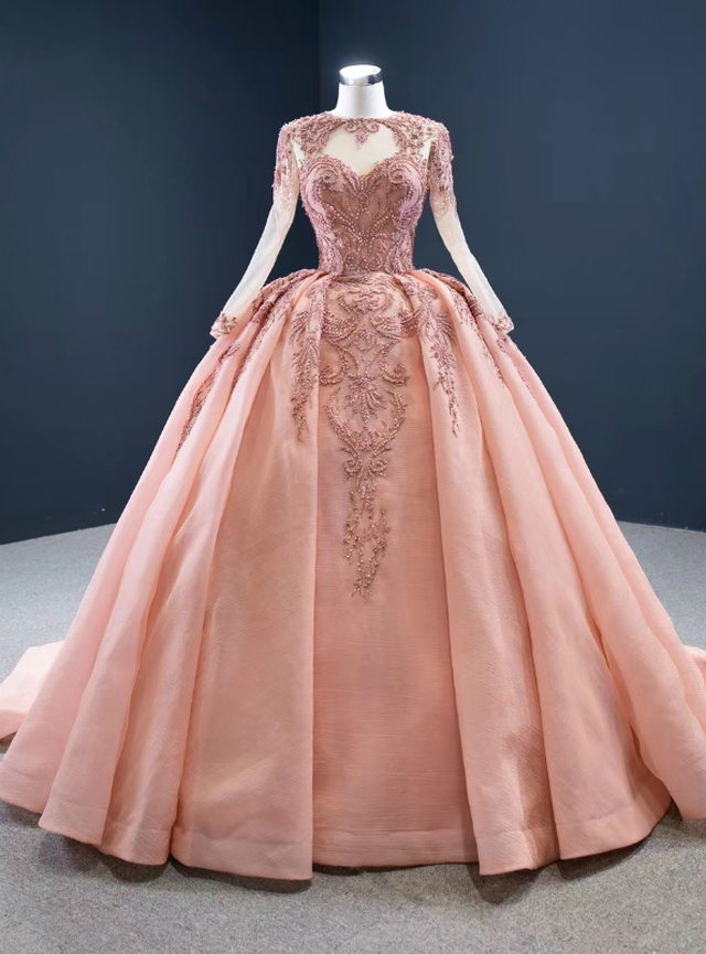 Pink Ball Gown Organza Beading Long Sleeve Prom Dress