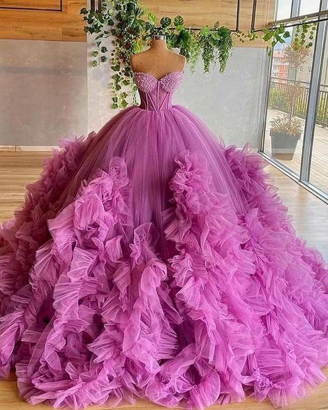 Sweetheart Purple Beading Bodice Tulle Ruffle Pleated Ball Gown Evening Dress Prom Gown