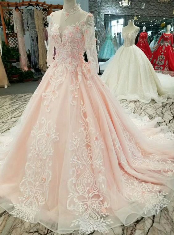 Pink Tulle Appliques Long Sleeve High Neck With Beading Wedding Princess Dress