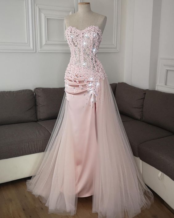 Pink Tulle Beaded Long Prom Dress, Pink Evening Dress