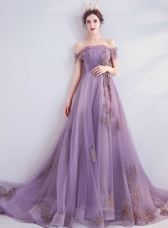 Sparkle Purple Beading Ruffles Tulle Prom Dress