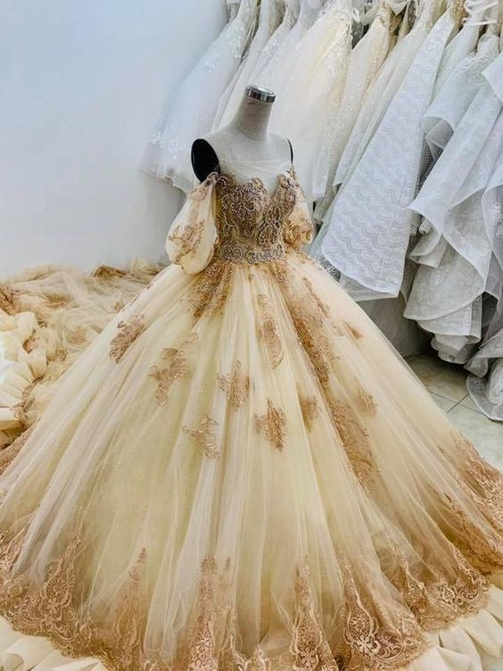 Princess Gold Beauty And The Beast Wedding Dress Made To Order, Off Shoulder Golden Princess Bridal Gown