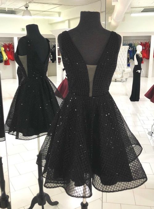 A-line Sparkle Short Black V-neck Backless Party Dress