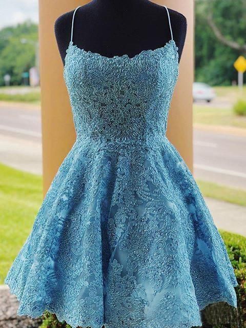 A-line Light Blue Lace Cute Homecoming Dress Short Prom Dress
