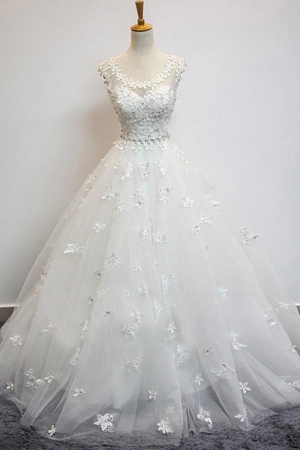 Organza Scoop Cap Sleeves Floor-length Wedding Dress With Beading Appliques
