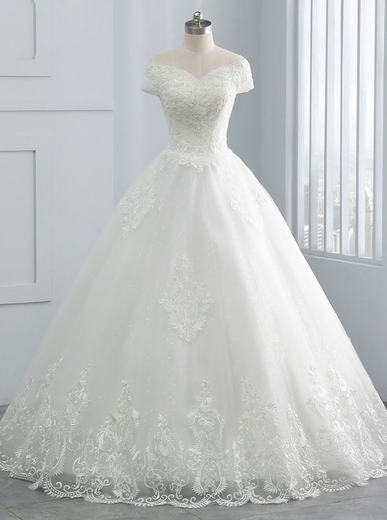 Beautiful White Shoulder Dress, Elegant Lace Applique Wedding Dress