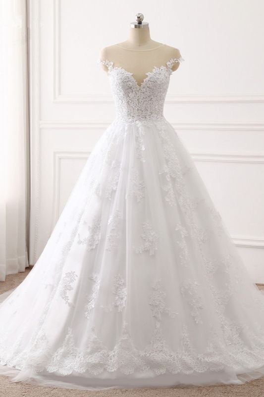 Tulle Lace White Wedding Dress Sleeveless Appliques Bridal Gowns