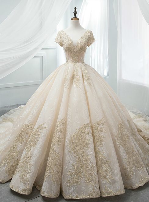Champagne Ball Gown V-neck Backless Tulle Appliques With Beaded Wedding Dress