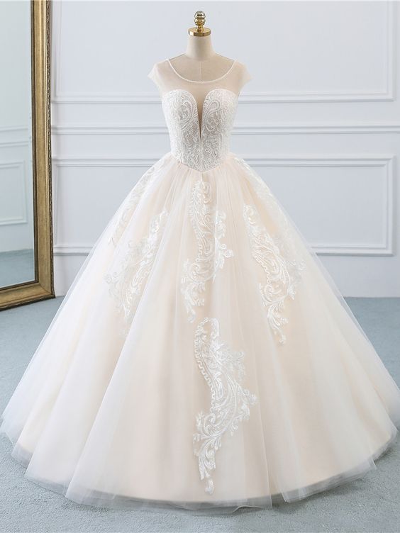 Illusion Vintage Princess Ball Gown Tulle Wedding Dresses