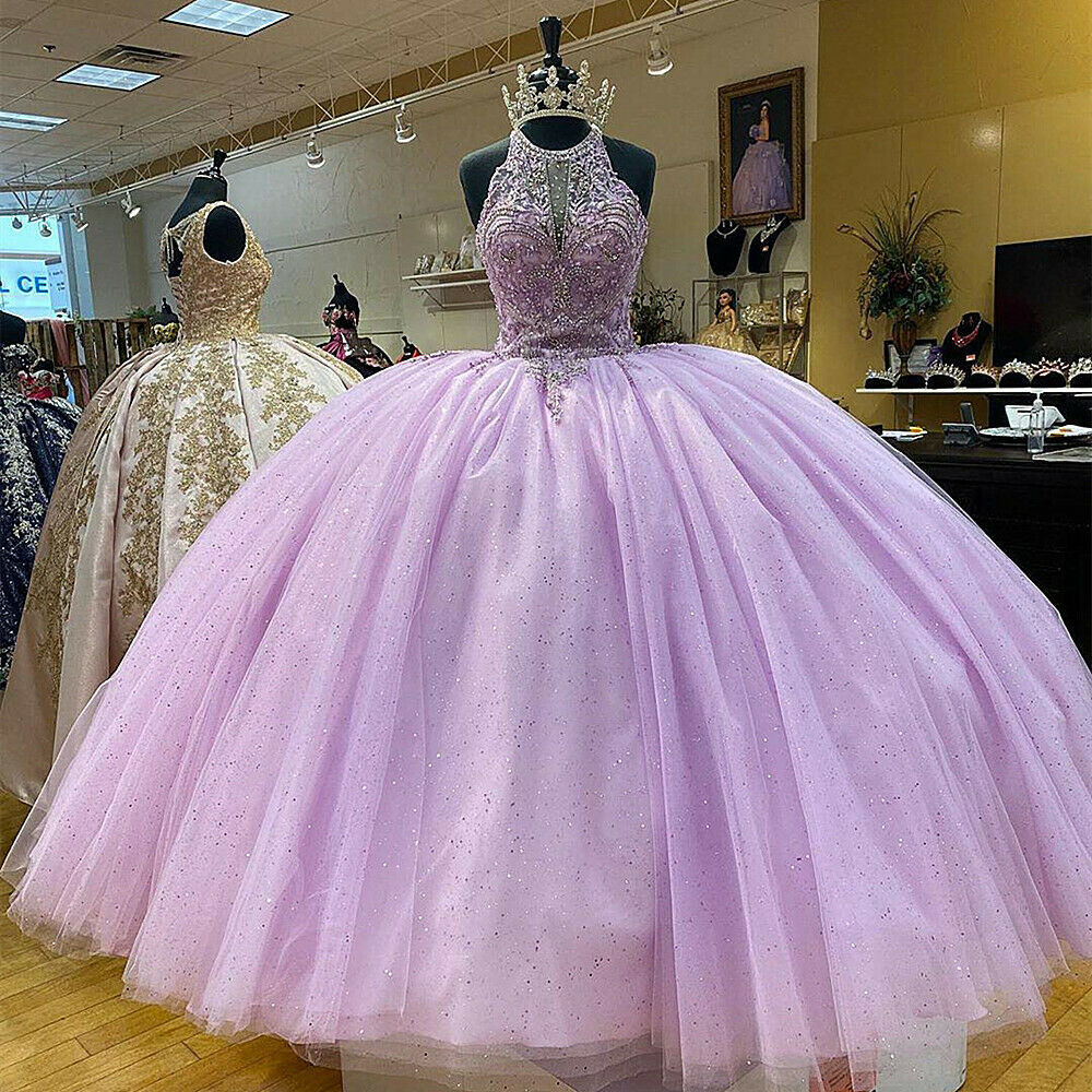 Romantic Lilac Halter Quinceanera Dresses Rhinestones Top Beaded Puffy Prom Gown