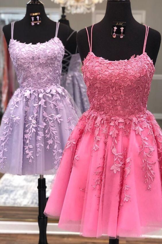 Cute Short Homecoming Dresses: Lavender A-line Homecoming Dresses, Pink Lace Appliqued Homecoming Dresses