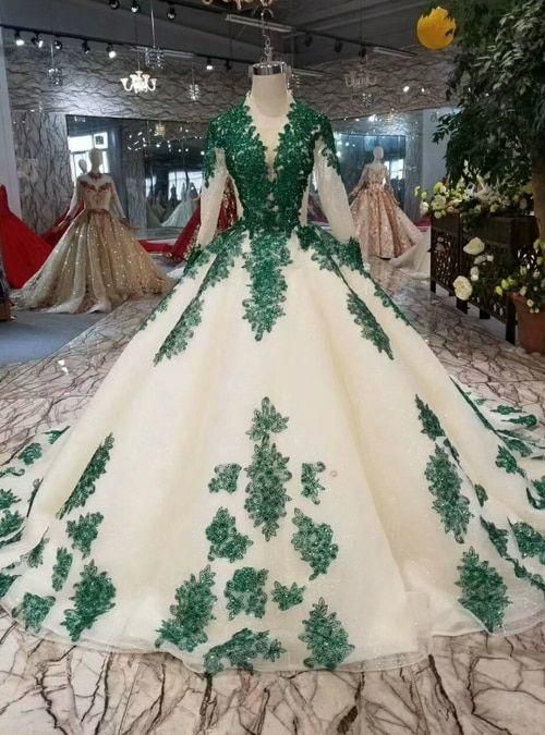 Chmapagne Ball Gown Tulle Green Lace Appliques Prom Dress