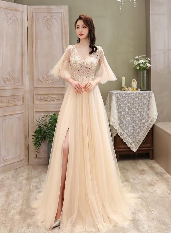 Light Champagne Tulle Slit Beaded Long Prom Dress, Sexy A-line Sequins Formal Dress