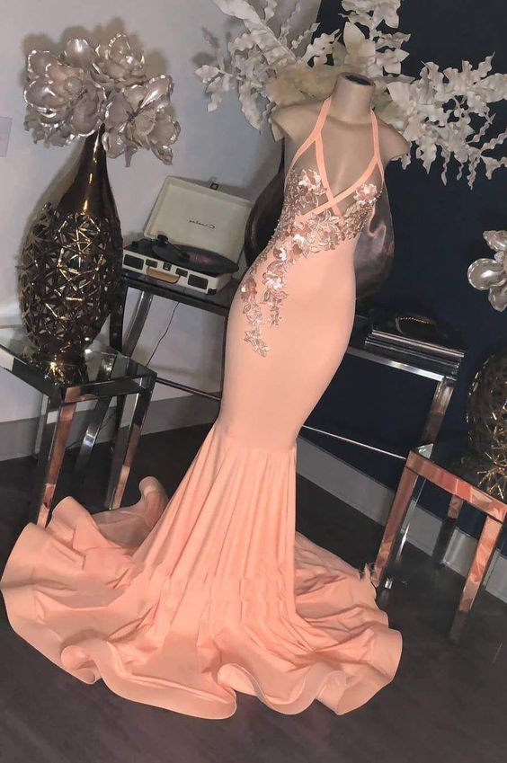 Sheath Peach Halter With Silver Appliques Long Backless Prom Dress