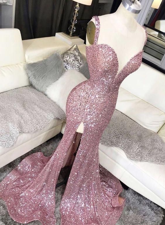 Pink Beige Sequined A-Line Full Length Prom Dress