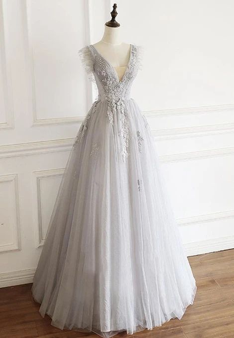 Gray V Neck Tulle Lace Prom Gown Evening Dress on Luulla