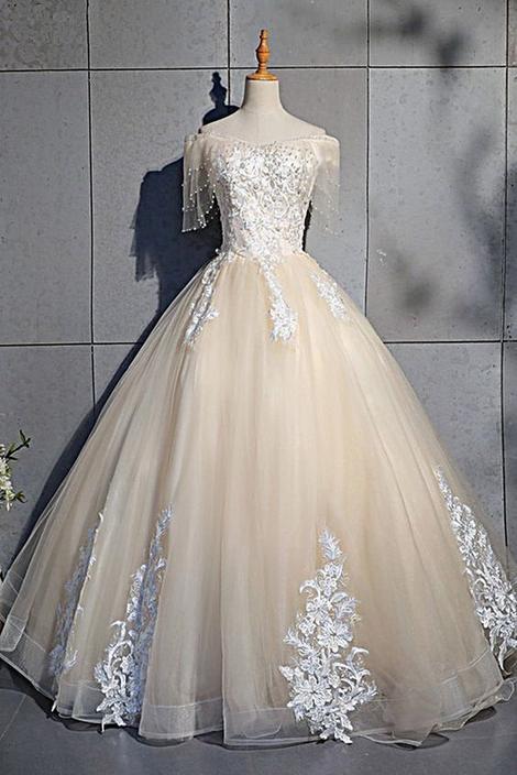 Champagne Tulle Cap Sleeve Long Formal Prom Dress With Lace