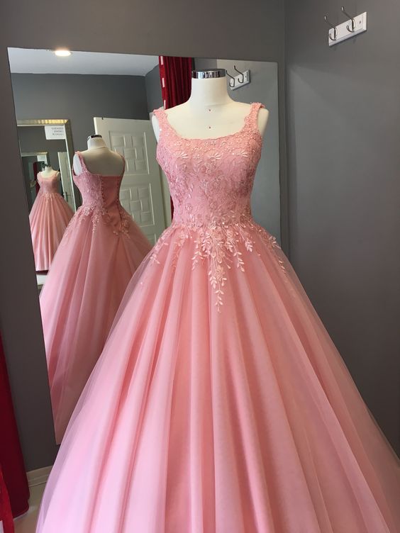 A-line Pink Tulle And Lace Appliques Long Prom Dress