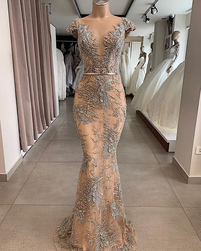 Champagne Luxurious Mermaid Evening Formal Dresses 2022 African Dubai Sheer Neck Lace Beaded Crystal Cap Sleeve Trumpet Prom Pageant Gown