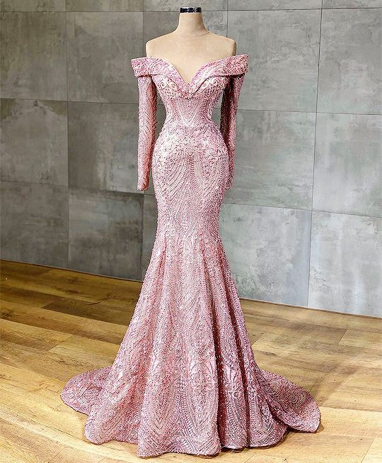 Modest Evening Dresses Long Sleeve Pink Luxury Beaded Applique Elegant Mermaid Formal Party Dresses