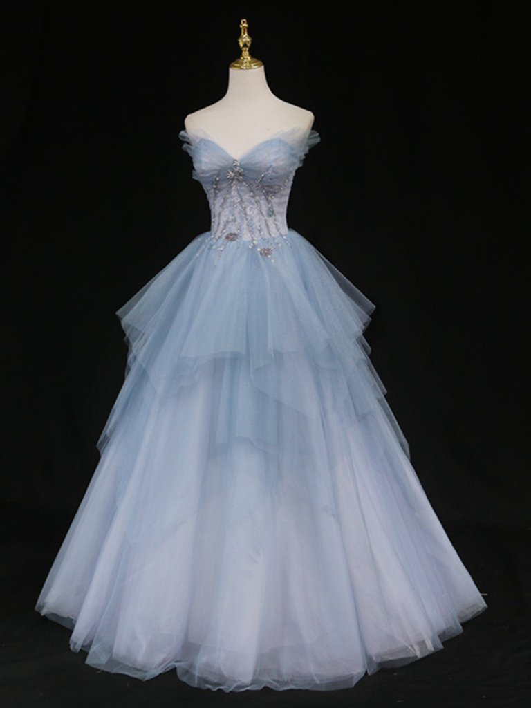 Sweetheart Neck Blue Ombre Tulle Long Prom Dresses, Blue Ombre Long ...