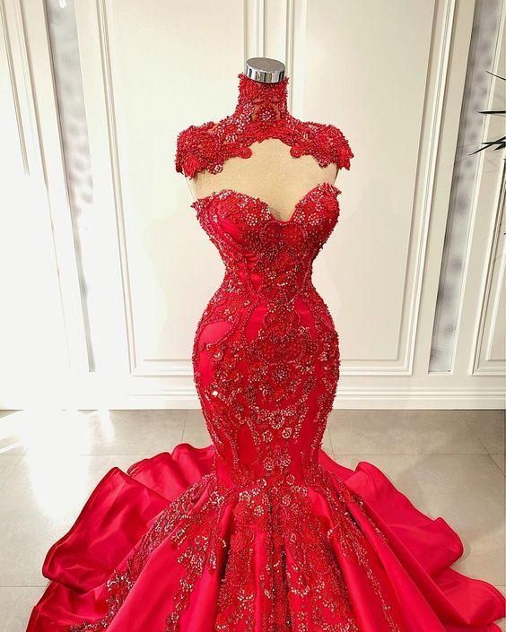 Luxurious Red Mermaid Prom Dress,strapless Sleeveless Lace Court Train Gowns