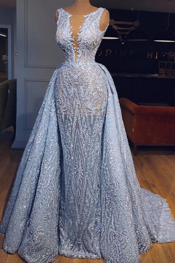 Elegant Blue Lace Sleeveless Deep V Neck Prom Dress Party Dress