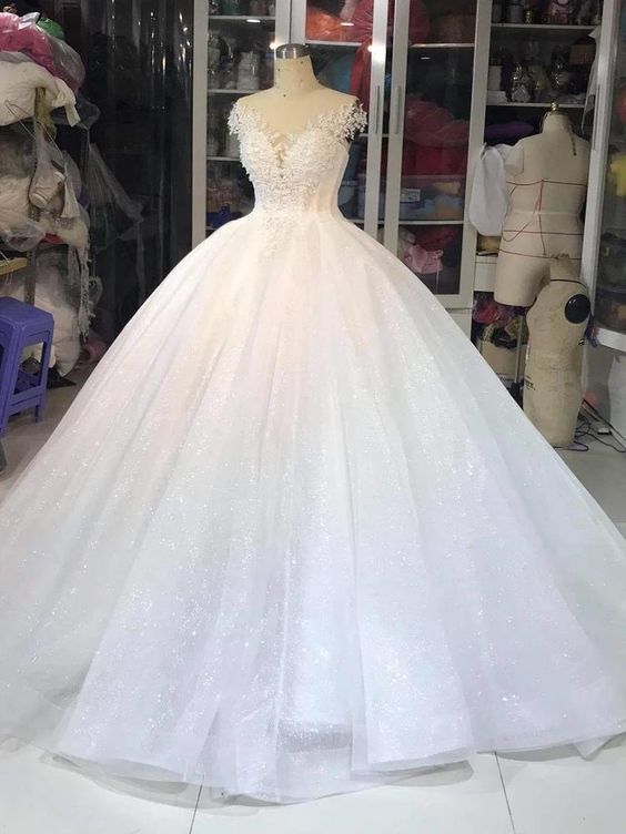 Luxury Sequin Wedding Dress White Backless Prom Dress