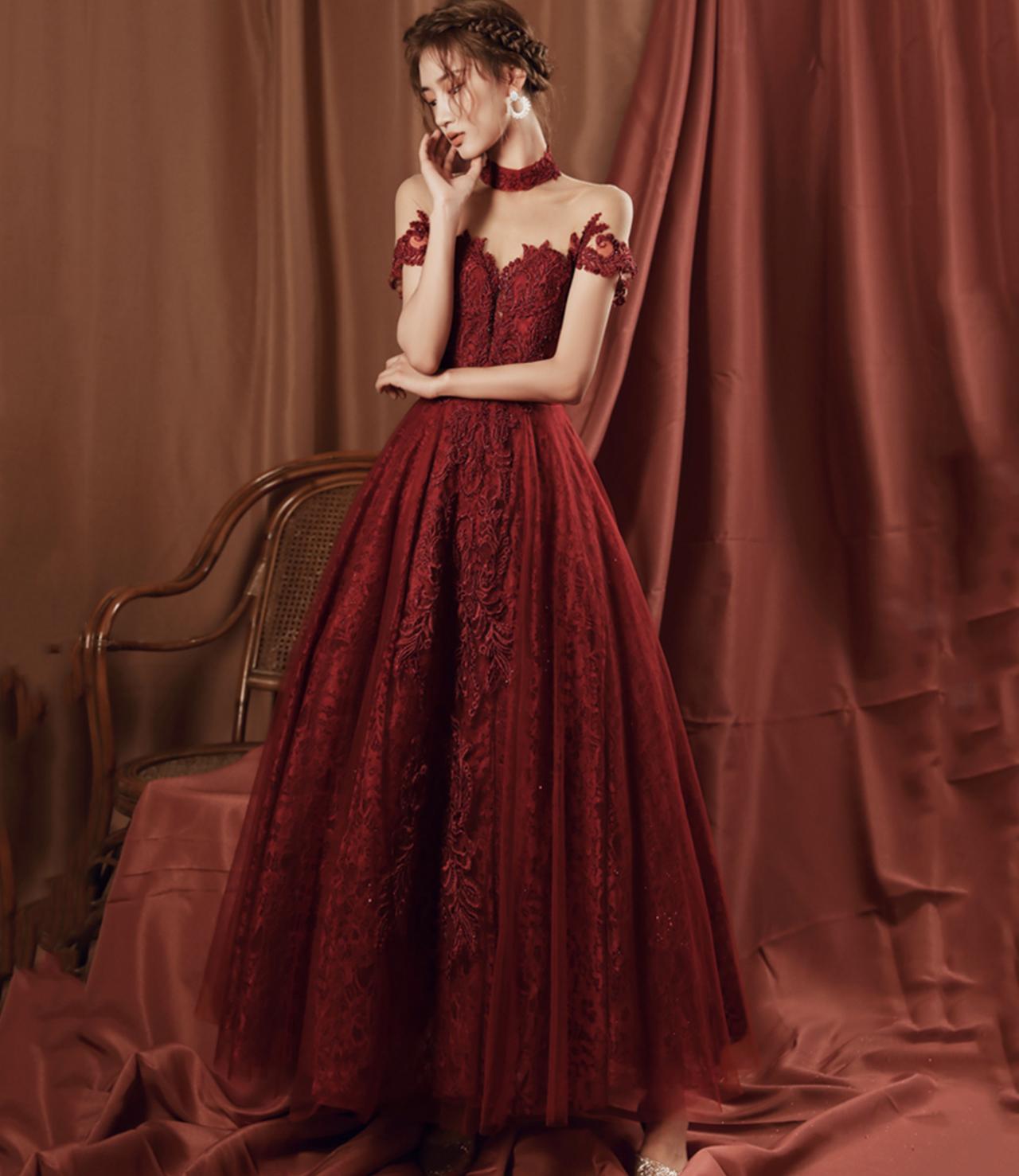 Burgundy A-line Beading Long Prom Dress, Burgundy Tulle Formal Dress Y5849