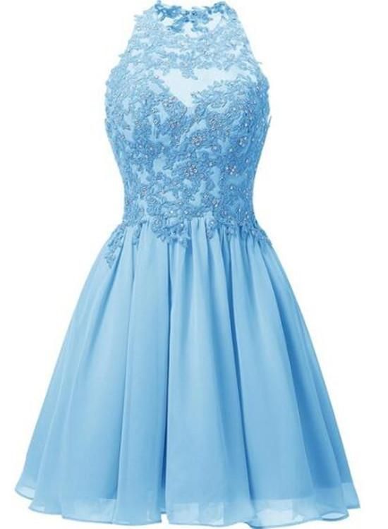 Lovely Chiffon Halter Homecoming Dress, Knee Length Party Dress With Lace Applique